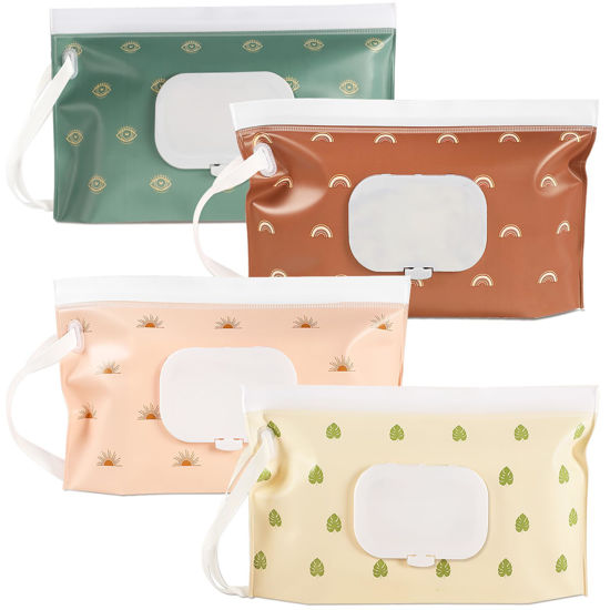 Picture of FEBSNOW 4 Pack Baby Wipes Dispenser, Portable Refillable Wipe Holder Baby Wipes Container Travel Wipes Case Reusable Boho Wet Wipes Pouch