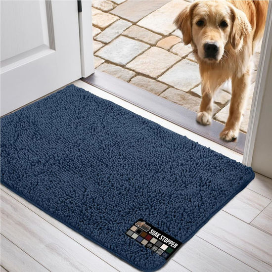 Picture of Gorilla Grip Muddy Dog Doormat for Dirty Paws, 48x30 Washable Absorbent Waterproof Soak Stopper for Cleaner Floors, Bed Mat for Dogs, Front and Back Door Indoor Entrance Rug Pet Bed Mats, Navy Blue