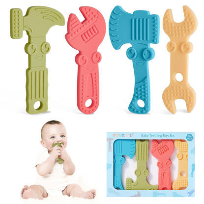 Picture of TYRY.HU Baby Teething Toys for Babies 0-6 Months 6-12 Months, BPA Free Silicone Baby Molar Teether Chew Toys, Hammer Wrench Spanner Pliers for Boys Girls, Soft-Textured, Easy to Hold & Clean, 4 Packs