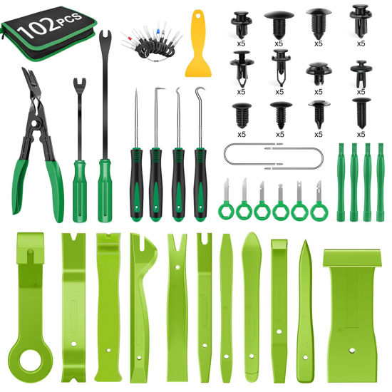 Picture of GOOACC 102Pcs Trim Removal Tool, Auto Push Pin Nylon Bumper Retainer Clip Set Fastener Terminal Remover Tool Round Handle Crowbar Kit Car/Radio Panel, Green