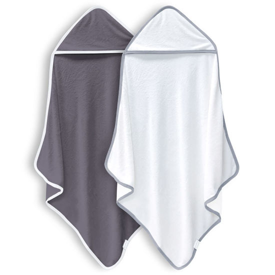Picture of BAMBOO QUEEN 2 Pack Baby Bath Towel - Rayon Made from Bamboo, Ultra Soft Hooded Towels for Babies,Toddler,Infant - Newborn Essential -Perfect Baby Registry Gifts (White and Dark Grey, 30x30 Inch)