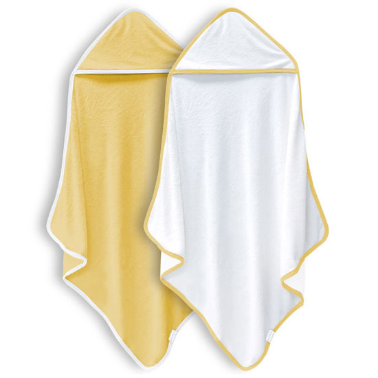 Picture of BAMBOO QUEEN 2 Pack Premium Baby Bath Towel - Rayon Made from Bamboo, Hooded Towels for Babies,Toddler,Infant - Newborn Essential -Perfect Baby Registry Gifts (White and Yellow, 30 x 30 Inch)
