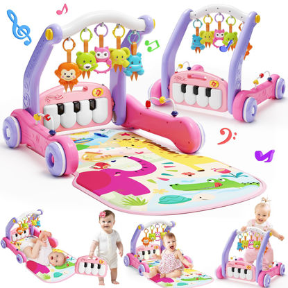 Picture of 2 in 1 Baby Gym Play Mat with Walker, Kick and Play Piano Gym Activity for Boys Girls, Musical Activity Center Tummy Time Mat for 0-3-6-12-18 Months, Learning Walker Play Gym for Infant Toddler Gift