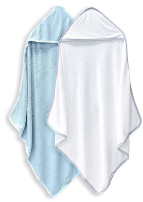 Picture of BAMBOO QUEEN 2 Pack Baby Bath Towel - Rayon Made from Bamboo, Ultra Absorbent - Ultra Soft Hooded Towels for Kids - X Large Size for 0-7 Yrs (White and Blue, 37.5 x 37.5 Inch)
