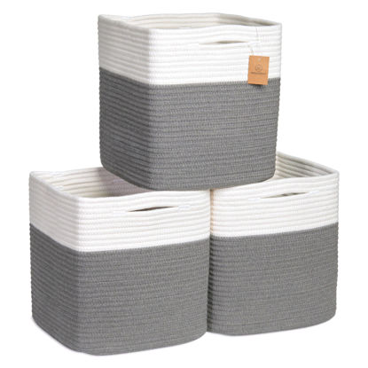 Picture of NaturalCozy Storage Cubes 11 Inch Cotton Rope Woven Baskets for Organizing, 3-Pack | Cube Storage Bin | Square Storage Baskets for Shelves Organizer, Classroom, Kids Toy Bins, Closet, Baby Nursery