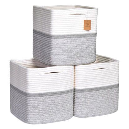 Picture of NaturalCozy Storage Cubes 11 Inch Cotton Rope Woven Baskets for Organizing, 3-Pack | Cube Storage Bin | Square Storage Baskets for Shelves Organizer, Classroom, Kids Toy Bins, Closet, Baby Nursery