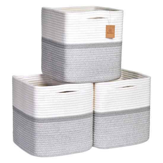 Picture of NaturalCozy Storage Cubes 11 Inch Cotton Rope Woven Baskets for Organizing, 3-Pack | Cube Storage Bin | Square Storage Baskets for Shelves Organizer, Classroom, Kids Toy Bins, Closet, Baby Nursery
