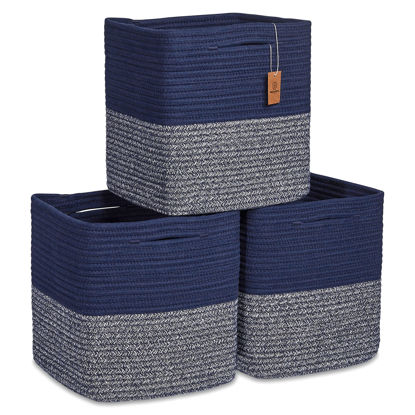 Picture of NaturalCozy Storage Cubes 11 Inch Cotton Rope Woven Baskets for Organizing, 3-Pack | Cube Storage Bin | Square Storage Baskets for Shelves Organizer, Classroom, Kids Toy Bins, Closet, Baby Nursery