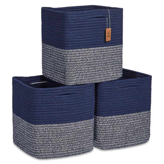 Picture of NaturalCozy Storage Cubes 11 Inch Cotton Rope Woven Baskets for Organizing, 3-Pack | Cube Storage Bin | Square Storage Baskets for Shelves Organizer, Classroom, Kids Toy Bins, Closet, Baby Nursery