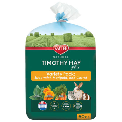 Picture of Kaytee Timothy Hay Plus Spearmint/Marigold/Carrot 3 Flavor Variety Pack for Pet Guinea Pigs, Rabbits & Other Small Animals, 60 Ounce (Pack of 1)