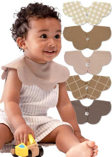 Picture of Konny Baby Bibs 5-Pack, 360 ° Rotate, New Year Gifts for Boys Girls baby Essentials(Set 3 - Beige, Mocha, Creamy Gingham, Brown Check, Caramel Brown)