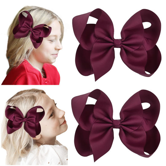 Picture of DEEKA 2 PCS 6" Big Hand-made Grosgrain Ribbon Solid Color Hair Bows Alligator Clips Hair Accessories for Little Teen Toddler Girls Kids Set of 2 -Burgundy
