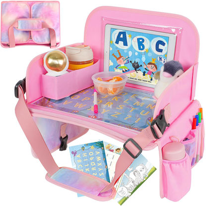 Picture of MENZOKE Kids Travel Tray, Car Seat Table Tray for Kids, Kids Car Tray with Educational Drawing Board，Tablet Holder & Cooler Cup Holder，Travel Table for Kids Gifts in Car, Airplane, Multicoloured
