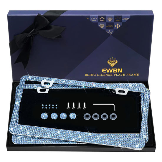 Picture of Bling Rhinestone License Plate Frame for Women 2PC, Sparkly License Plate Frames| Stainless Steel Frames & Over 1200 pcs Finest 14 Facets Glass Crystals Premium Diamond (Light Blue)