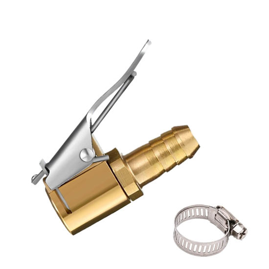 Picture of Tire Air Chuck Adapter with Clip,5/16" Brass American Type Thread Pump Nozzle，tire Inflator Lock on Air Chuck, Air Compressor Tire Chuck Hose End with Barb Connector for Hose Repair 1PC