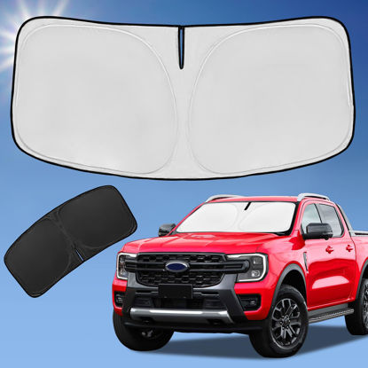 Picture of Sun Shade Sunshade for Ford Ranger Windshield Cover, 4-Layer Front Window Shade Custom fit 2019-2024 Ranger XL, XLT, Lariat Sun Visor 240T Retractable Shade Blocks UV Rays Cooler Car Accessories