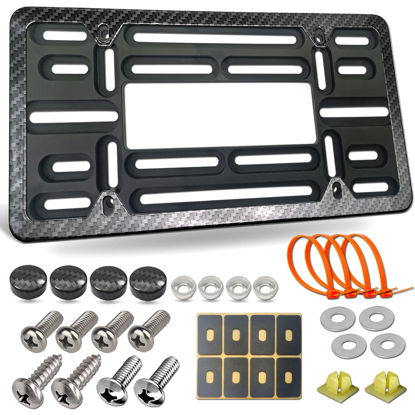 Picture of BGGTMO Front License Plate Mounting Kit- Universal Front License Plate Bracket Holder & Carbon Fiber Aluminum Car Tag Frame for 2 Drill Hole Bumper, Black Adapter with Screw Cap Cover, Fastener Nut