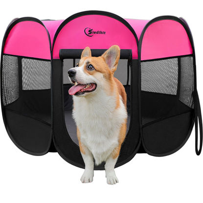 Picture of Dog Playpen, Puppy Pet Playpen Indoor for Small Dogs, Dog Tent Crates Cage Indoor/Outdoor, Portable Pop Up Dog Kennel Playpen with Carrying Case for Dogs/Cats/Rabbits, Removable Zipper Top, Hot Pink