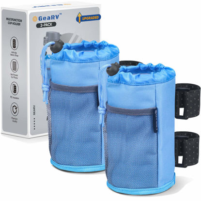 Picture of GEARV 2Pack Cup Holder for Bike, Scooter and Wheelchair, Water Bottle Holder for UTV/ATV, Walker, Golf Cart and Beach, Universal Drink Holder Accessories with Net Pocket and Cord Lock (Ocean Blue)