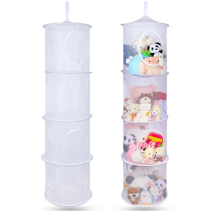 Picture of Basumee Stuffed Animals Net or Hammock 2 Pcs Stuffed Animals Storage Toy Net Hammock for Stuffed Animals Organizer Mesh Hammock Kids Girls Room Decor, White, 4 Tiers