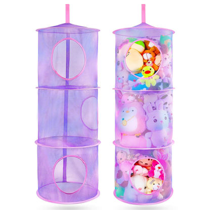 Picture of Basumee Stuffed Animals Net or Hammock 2 Pcs Stuffed Animals Storage Toy Net Hammock for Stuffed Animals Organizer Mesh Hammock Kids Girls Room Decor, Purple, 3 Tiers