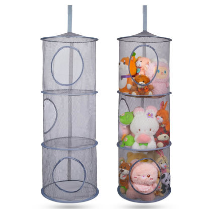 Picture of Basumee Stuffed Animals Net or Hammock 2 Pcs Stuffed Animals Storage Toy Net Hammock for Stuffed Animals Organizer Mesh Hammock Kids Girls Room Decor, Gray, 3 Tiers