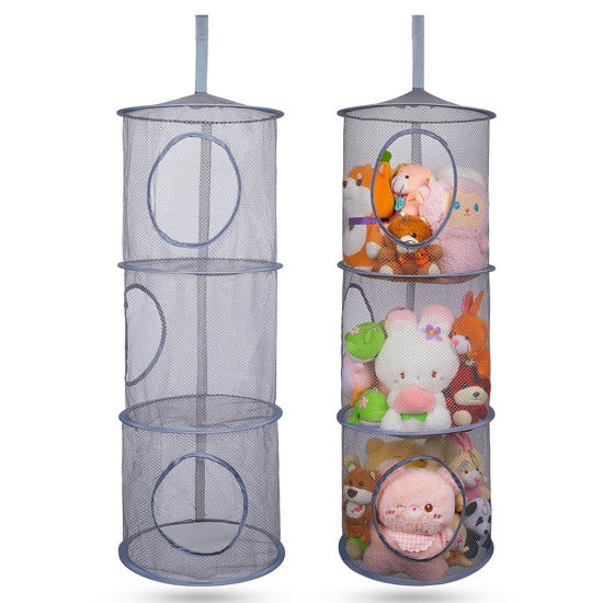 Picture of Basumee Stuffed Animals Net or Hammock 2 Pcs Stuffed Animals Storage Toy Net Hammock for Stuffed Animals Organizer Mesh Hammock Kids Girls Room Decor, Gray, 3 Tiers