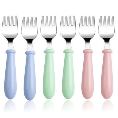 Picture of Pimoys 6 Pieces Toddler Forks Baby Forks for Self Feeding, Kids Forks with Round Handle, Stainless Steel Toddler Utensils Children's Safe Silverware Set BPA Free, Dishwasher Safe