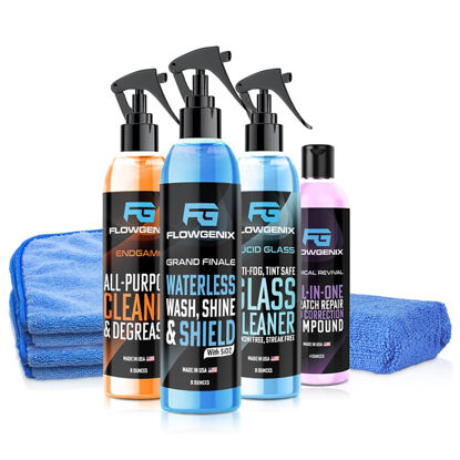 Picture of Flowgenix™ Grand Slam 4-Pack Includes Waterless Car Wash Spray + Instant Car Scratch Remover Repair + Streak Free Window And Glass Cleaner + All Purpose Cleaner for Car Detailing