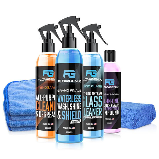 Picture of Flowgenix™ Grand Slam 4-Pack Includes Waterless Car Wash Spray + Instant Car Scratch Remover Repair + Streak Free Window And Glass Cleaner + All Purpose Cleaner for Car Detailing