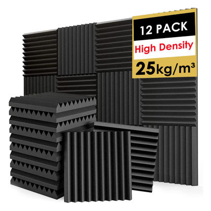 Picture of FONESO Acoustic Panels, High Density Soundproof Foam Panels for Walls, Sound Absorbing Panels, Acoustic Foam Panels Fire Resistant for Studio Recording (Black, 1"x12"x12" 12Pack)
