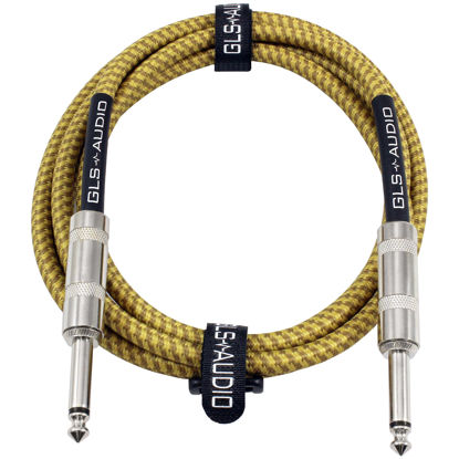 Picture of GLS Audio Instrument Cable - 1/4 Inch TS to 1/4 Inch Instrument Cable for Bass/Electric Guitar- Brown/Yellow Braided Tweed, 10ft