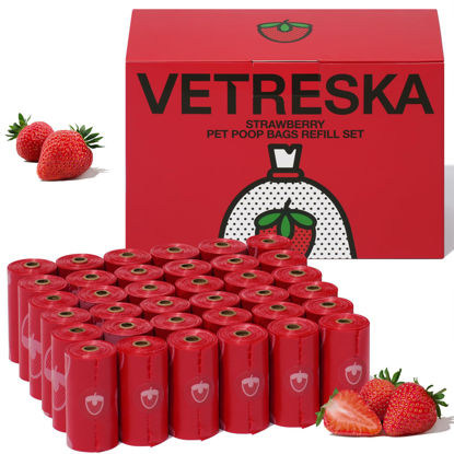 Picture of VETRESKA Strawberry Scented Dog Poop Bags, Leak Proof, Extra Thick and Large Pet Waste Bags for Dogs Walking and Cat Litter, 36 Refill Rolls, 540 Bags, Red