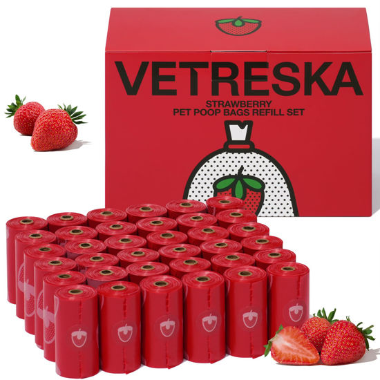 Picture of VETRESKA Strawberry Scented Dog Poop Bags, Leak Proof, Extra Thick and Large Pet Waste Bags for Dogs Walking and Cat Litter, 36 Refill Rolls, 540 Bags, Red