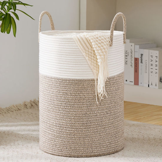 Picture of YOUDENOVA Woven Rope Laundry Hamper Basket, 58L Tall Laundry Basket, Baby Nursery Hamper for Blanket Storage, Clothes Hamper for Laundry in Bedroom-Large-Brown