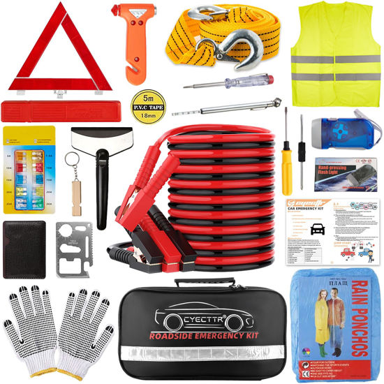 Picture of CYECTTR Car Roadside Emergency Kit,Auto Vehicle Truck Safety Emergency Road Side Assistance Kits with Jumper Cables,Safety Hammer,Reflective Warning Triangle,Tire Pressure Gauge,Tow Rope,etc