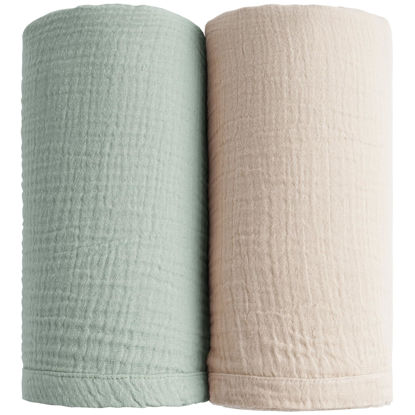 Picture of Konssy 2 Pack Muslin Swaddle Blankets for Baby Boys Girls, Receiving Blanket Large 47 x 47 inches, Soft Breathable Muslin Baby Blanket for Unisex Newborn(Green, Cream)