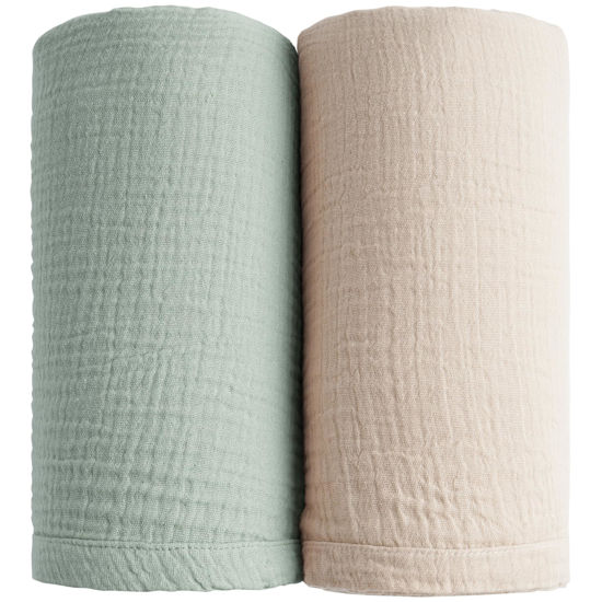 Picture of Konssy 2 Pack Muslin Swaddle Blankets for Baby Boys Girls, Receiving Blanket Large 47 x 47 inches, Soft Breathable Muslin Baby Blanket for Unisex Newborn(Green, Cream)