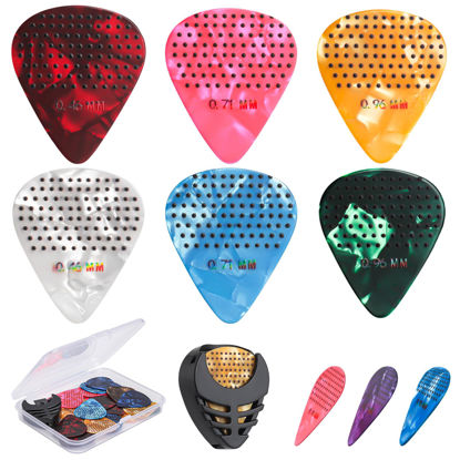 Picture of Non-slip Guitar Picks, 0.46 0.71 0.96mm Includes Thin Medium Heavy Guitar Picks,30pcs Variety Colorful Celluloid Plectrums with Guitar Picks Holder and Storage Case (30)