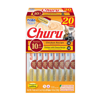Picture of INABA Churu for Senior 10+, Creamy Lickable Cat Treats with Taurine, Vitamin E & C, 0.5 Ounces Each, 20 Tubes, Chicken Variety