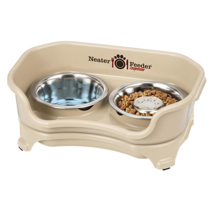 Picture of Neater Feeder - Express Model w/Slow Feed Bowl - Mess-Proof Dog Bowls (Small, Almond) Made in USA - Elevated, No Spill, Non-Tip, Non-Slip, Raised Stainless Steel Food/Water Pet Bowls Aid Digestion