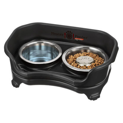 Picture of Neater Feeder - Express Model w/Slow Feed Bowl - Mess-Proof Dog Bowls (Small, Black) Made in USA - Elevated, No Spill, Non-Tip, Non-Slip, Raised Stainless Steel Food/Water Pet Bowls Aid Digestion