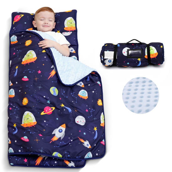 Picture of ACRABROS Toddler Nap Mat with Pillow and Blanket, Extra Large Rolled Napping Mats,Slumber Bags for Boys Girls,Kids Sleeping Bag for Daycare, Preschool Travel Camping,Space