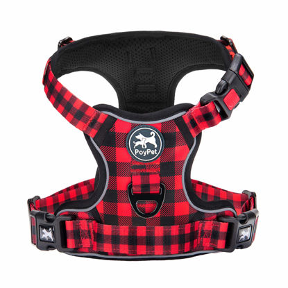 Picture of PoyPet No Pull Dog Harness, [Release at Neck] Reflective Adjustable No Choke Pet Vest with Front & Back 2 Leash Attachments, Soft Control Training Handle, Plaid(Checkered Red, XS)