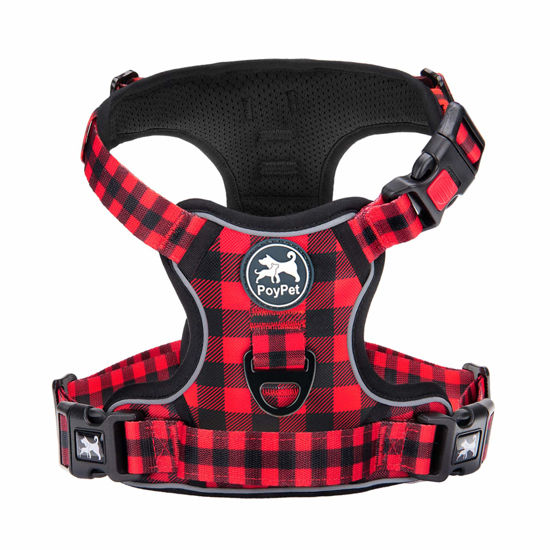 Picture of PoyPet No Pull Dog Harness, [Release at Neck] Reflective Adjustable No Choke Pet Vest with Front & Back 2 Leash Attachments, Soft Control Training Handle, Plaid(Checkered Red, XS)