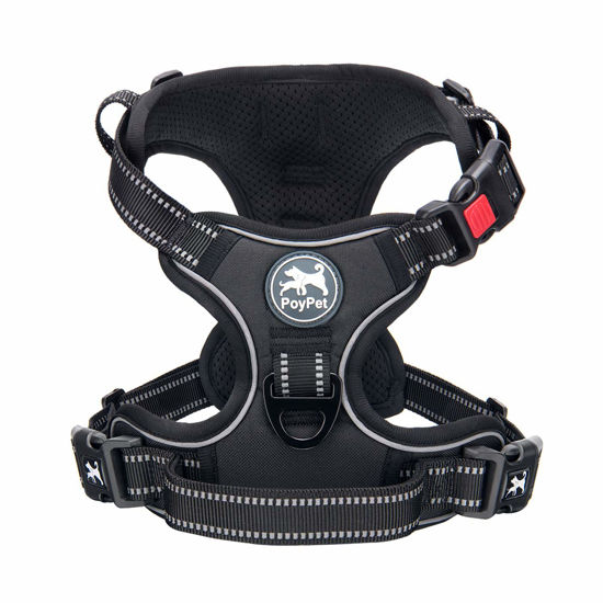 Picture of PoyPet No Pull Dog Harness, No Choke Front Clip Dog Reflective Harness, Adjustable Soft Padded Pet Vest with Easy Control Handle for Small to Large Dogs(Black,L)
