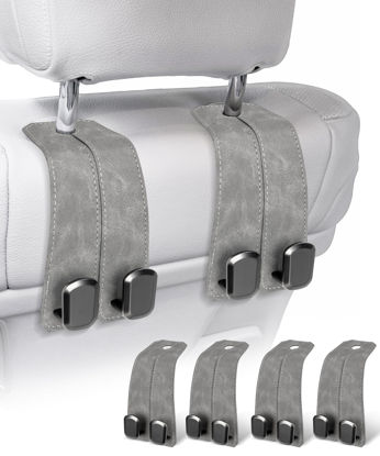 Picture of VETERBONE Car Purse Holder Hook, 4PCS Car Hooks for Headrest Luxurious Leather 100% Metal Car Hangers for Seat Multifunctional Car Bag Hook Car Seat Back Storage Hook Accessories (Grey)