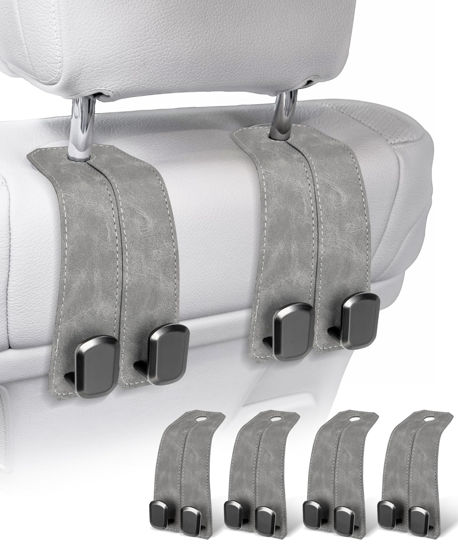 Picture of VETERBONE Car Purse Holder Hook, 4PCS Car Hooks for Headrest Luxurious Leather 100% Metal Car Hangers for Seat Multifunctional Car Bag Hook Car Seat Back Storage Hook Accessories (Grey)