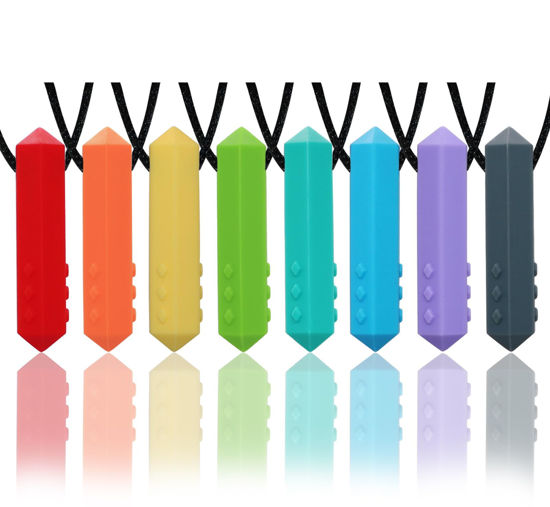 Picture of Chew Necklaces for Sensory Kids, 8 Pack Chewy Necklace Sensory Boys and Girls with Autism, ADHD, SPD, Biting, Silicone Teething Necklace Oral Chew Toys for Adults Reduce Chewing Anxiety Fidget