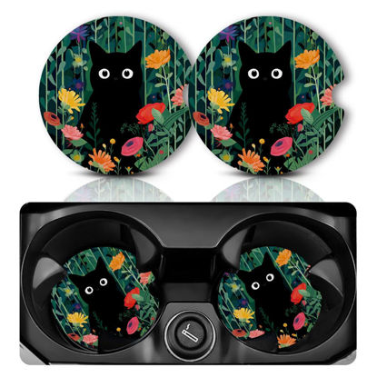 Picture of Car Coasters for Cup Holders，Car Cup Holder Coasters, 2 Pack Cup Holder Coasters for Car, Anti Slip Rubber Car Cup Mat with A Finger Notch, Cute Car Interior Accessories for Women2.75"Flower Balck Cat